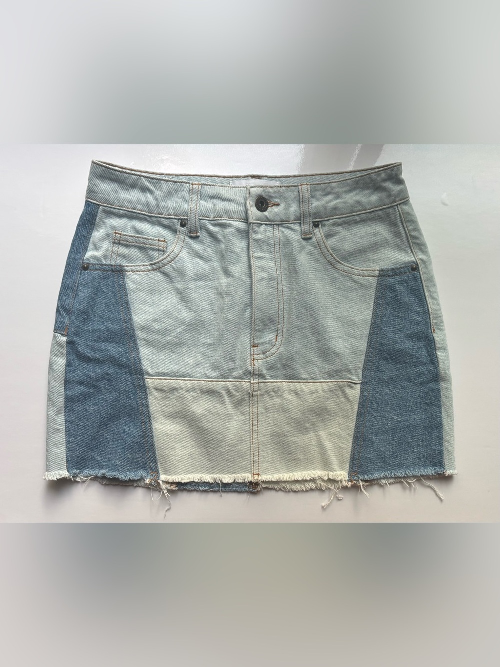 Cotton on patchwork denim micro mini skirt two tone jean frayed edge size 4